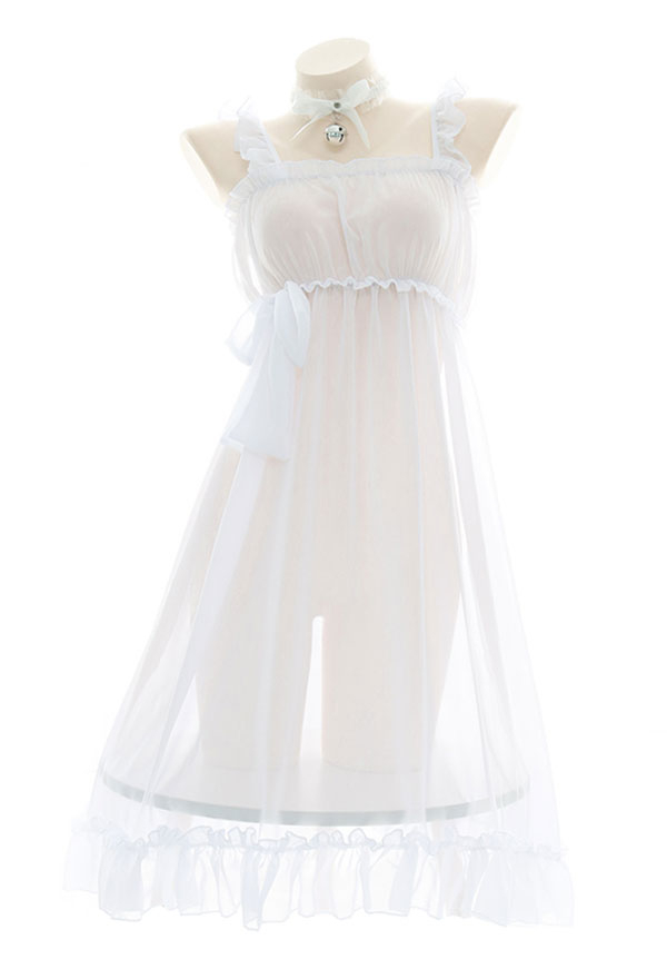 Sexy White Dress - See Through Maid Chiffon Ruffle Sling Dress Lace Up ...