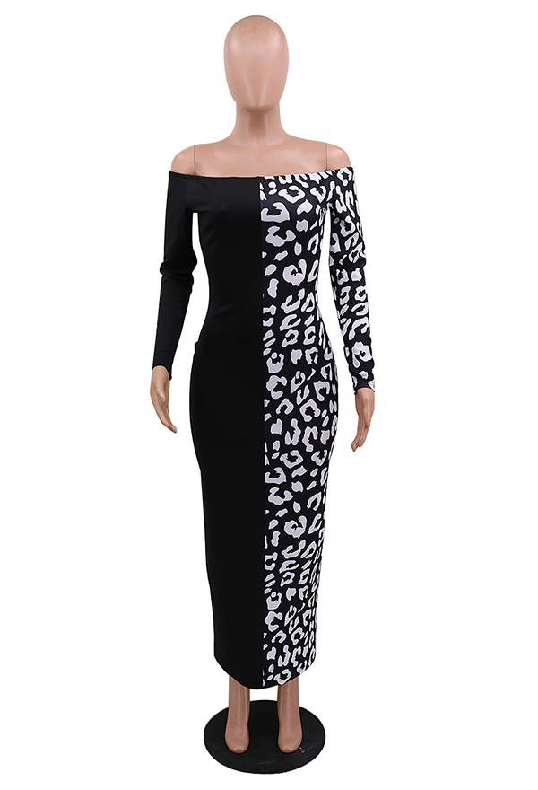 Woman Sexy Fashionable Cow Pattern Dress - White and Black Long Sleeves ...