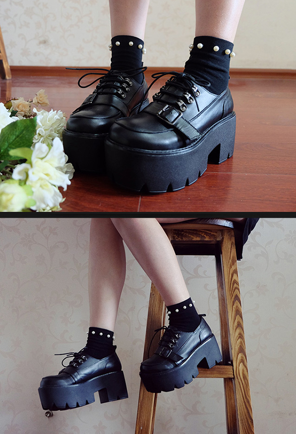 Gothic Punk Shoes - Women Lace Up Platform Leather Low Ankle Dress ...
