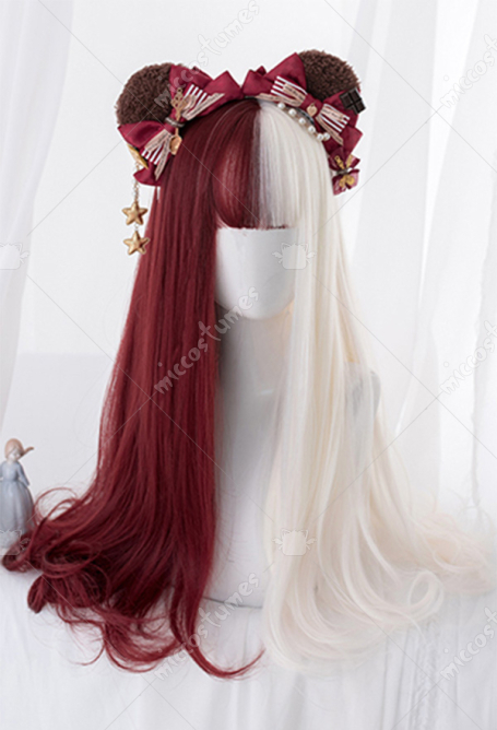 Half Wine Red Half White Wig Women Lolita Long Wavy Hair Cosplay Wig For Sale