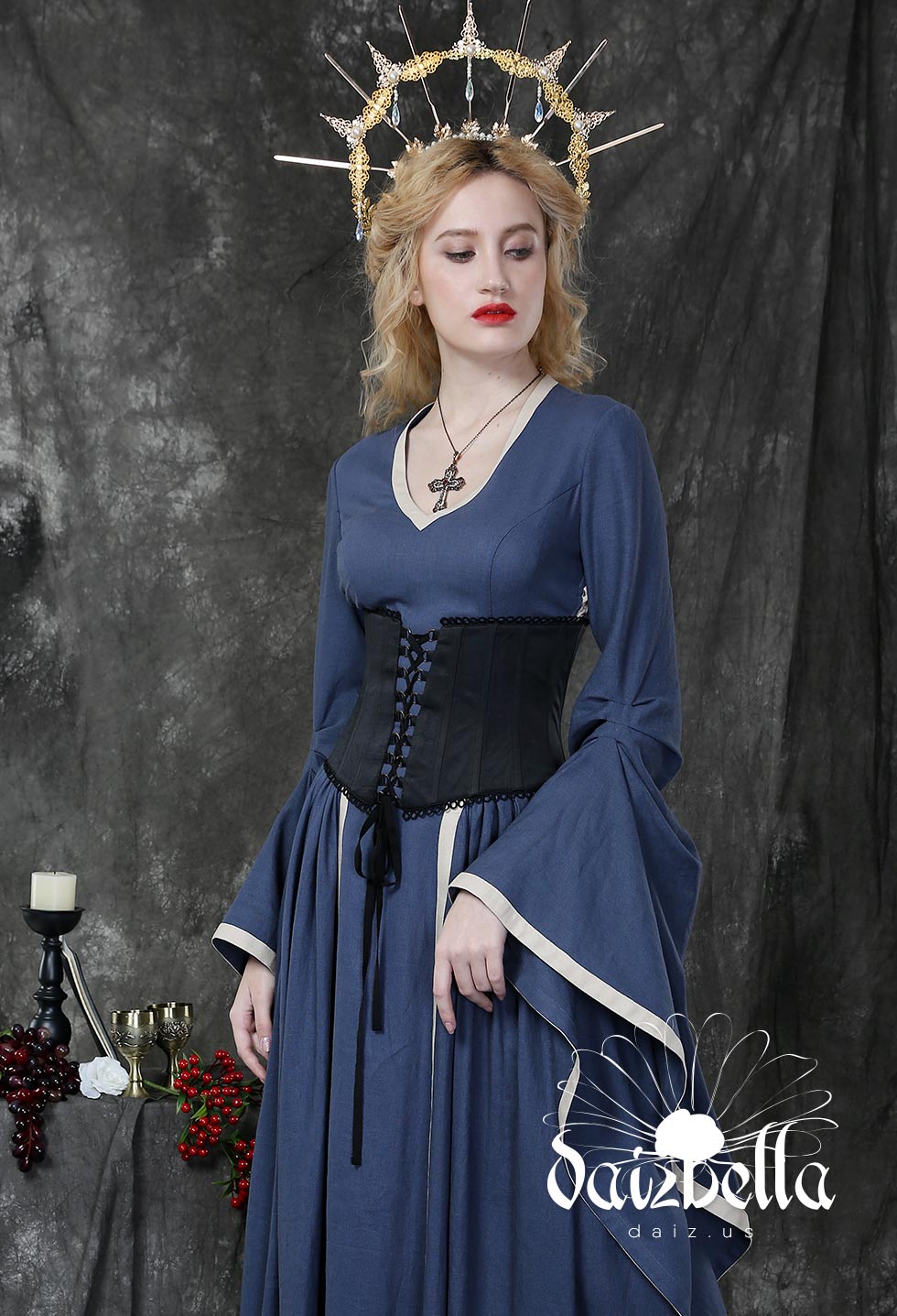 Renaissance Corset Dress in Dark Navy Blue Linen Victorian