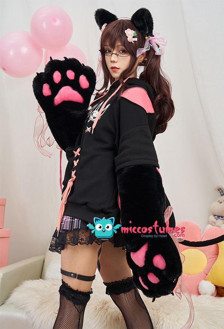Furry Cat Paw Gloves Cute Khaki Cat Style Hoodie - Pullover Hoodie