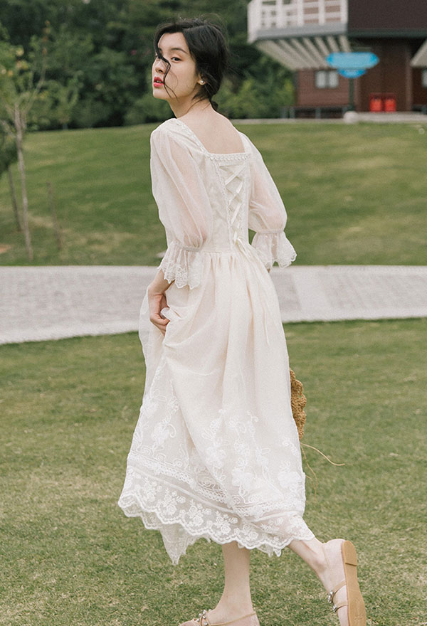 Summer Elegant Half Sleeve White Princess Dress - Women Lace Ruffled ...