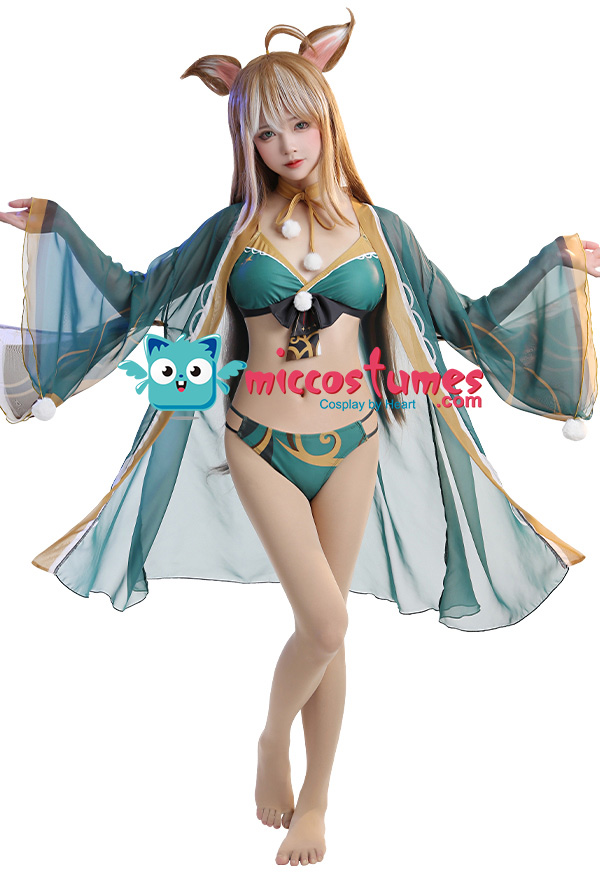 Women Two Piece Beach Swimsuit Anime Bathing Suit Lace Up Swimwear Set with  Sheer Kimono Haori Cover Up 