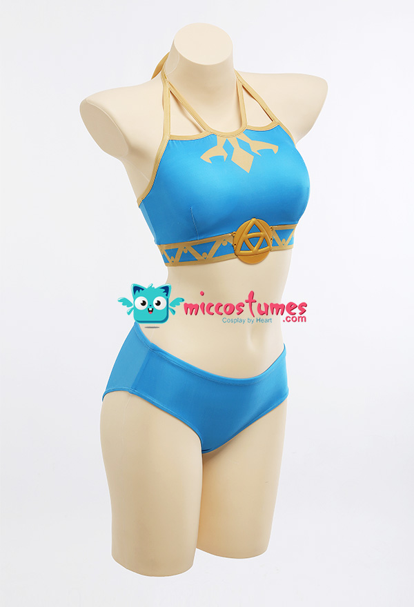 Miccostumes Swimsuits Blue Bikini Set Halter Lace up Top and Bottoms  Two-Piece Bathing Suit Swimwear with Veil Dress