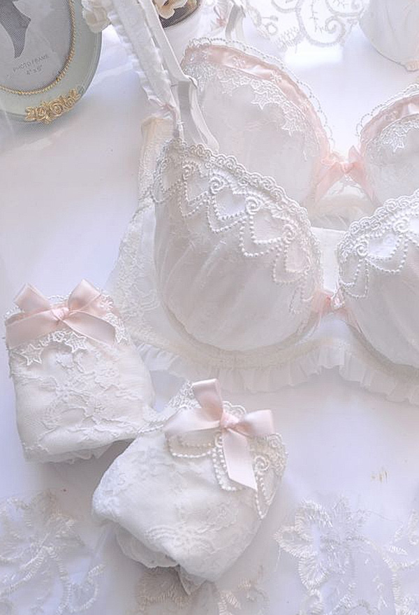 Japanese underwear set women's sweet and cute summer small fresh white  embroidery with steel ring push-up bra set